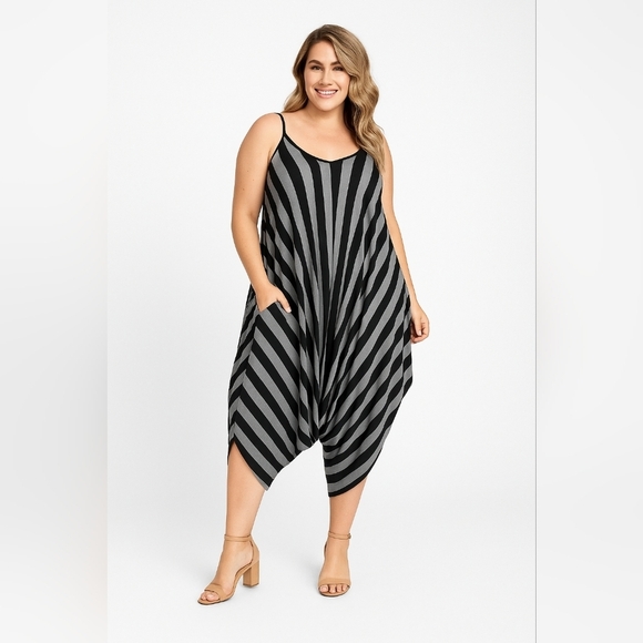 Canari Plus Size Black Jade Striped Harem Jumpsuit Romper 3x - Picture 1 of 11